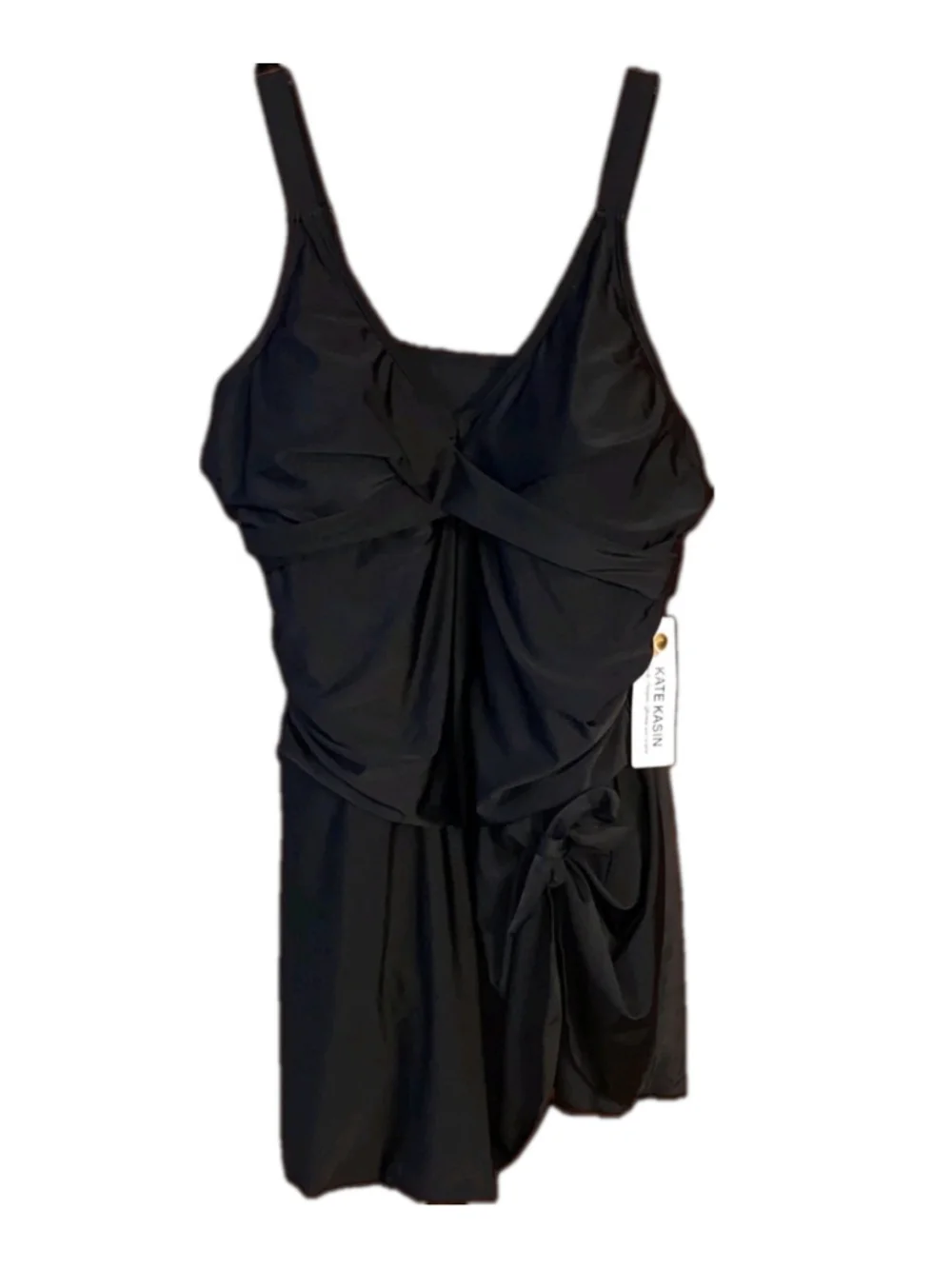 Kate Kasin XL Swim Dress Black V Neck Ruched One Piece Swimsuit NWT